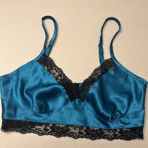 Victoria's Secret Gold Label Satin Peacock Blue Top with Black Lace Trim Small